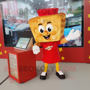 Red Grilled Cheese Sandwich mascot costume character dressed with Mini Dress and Digital watches