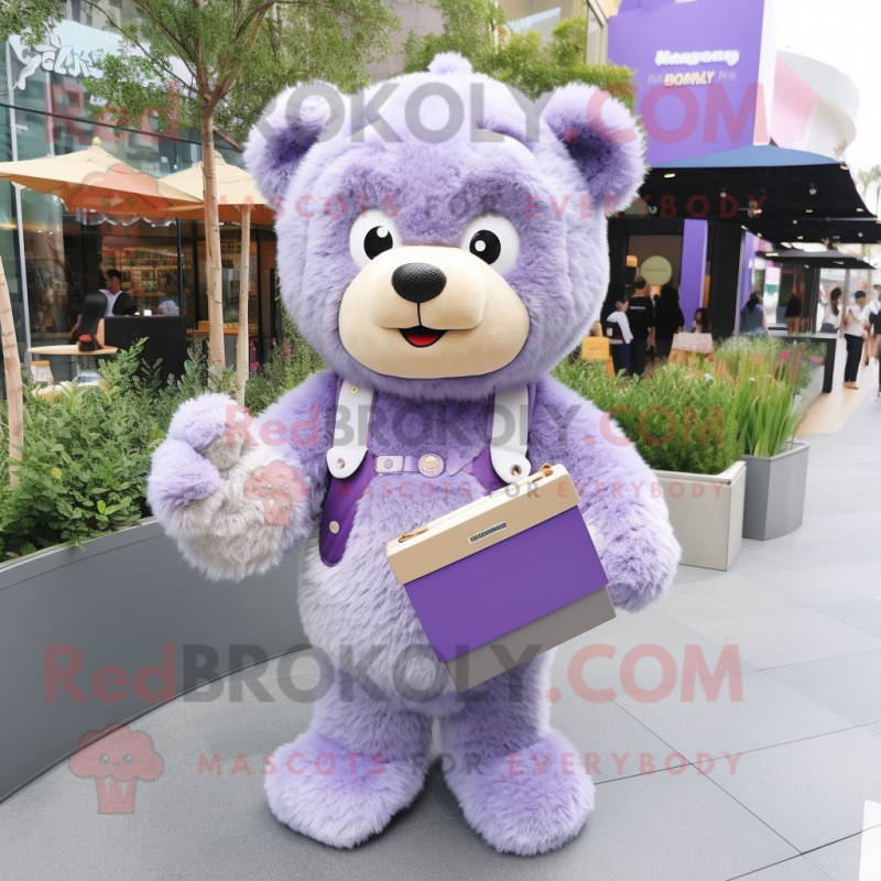 Lavender Teddy bear mascot costume character dressed with Pencil Skirt and Wallets