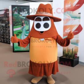Rust Moussaka mascot costume character dressed with Maxi Dress and Hats