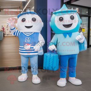 Blue Ice cream mascot costume character dressed with Boyfriend Jeans and Briefcases