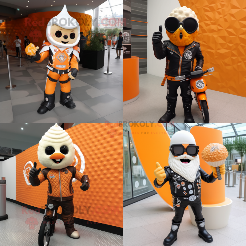 Orange ice cream cone mascot costume character dressed with Biker Jacket and Rings