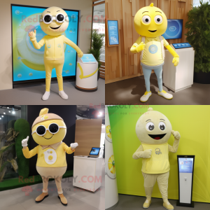 Beige Lemon mascot costume character dressed with Henley Shirt and Digital watches