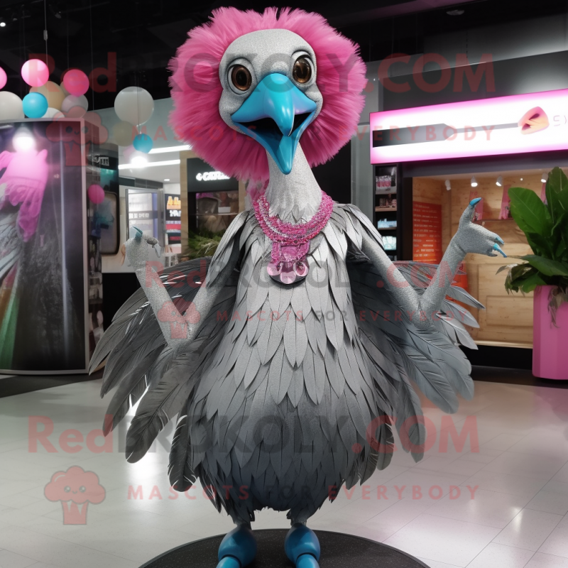 Silver Flamingo mascot costume character dressed with Pleated Skirt and Mittens