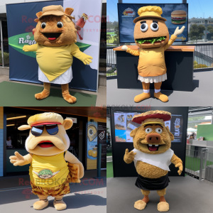 Gold Pulled Pork Sandwich mascot costume character dressed with Board Shorts and Berets