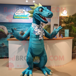 Turquoise Spinosaurus mascot costume character dressed with Swimwear and Pocket squares