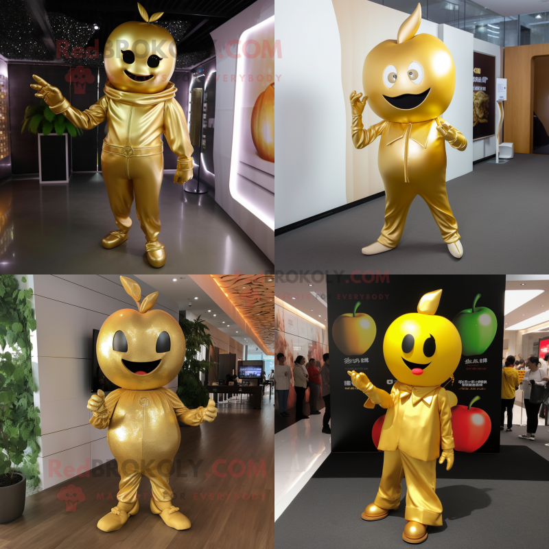 Gold Apple mascot costume character dressed with Jumpsuit and Earrings