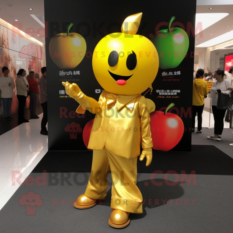 Gold Apple mascot costume character dressed with Jumpsuit and Earrings