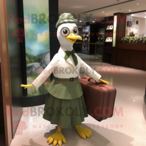 Olive Seagull mascot costume character dressed with Midi Dress and Briefcases