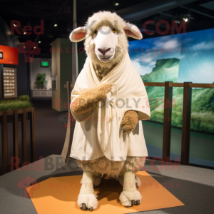 Cream Merino sheep mascot costume character dressed with Playsuit and Shawl pins