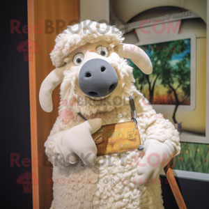 Cream Merino sheep mascot costume character dressed with Playsuit and Shawl pins