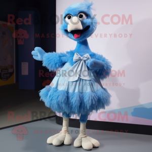 Blue Ostrich mascot costume character dressed with Mini Skirt and Suspenders