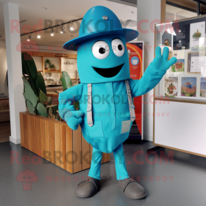 Turquoise Zucchini mascot costume character dressed with Playsuit and Hat pins