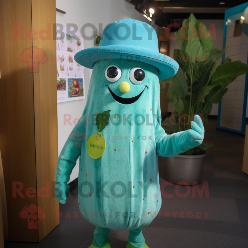 Turquoise Zucchini mascot costume character dressed with Playsuit and Hat pins
