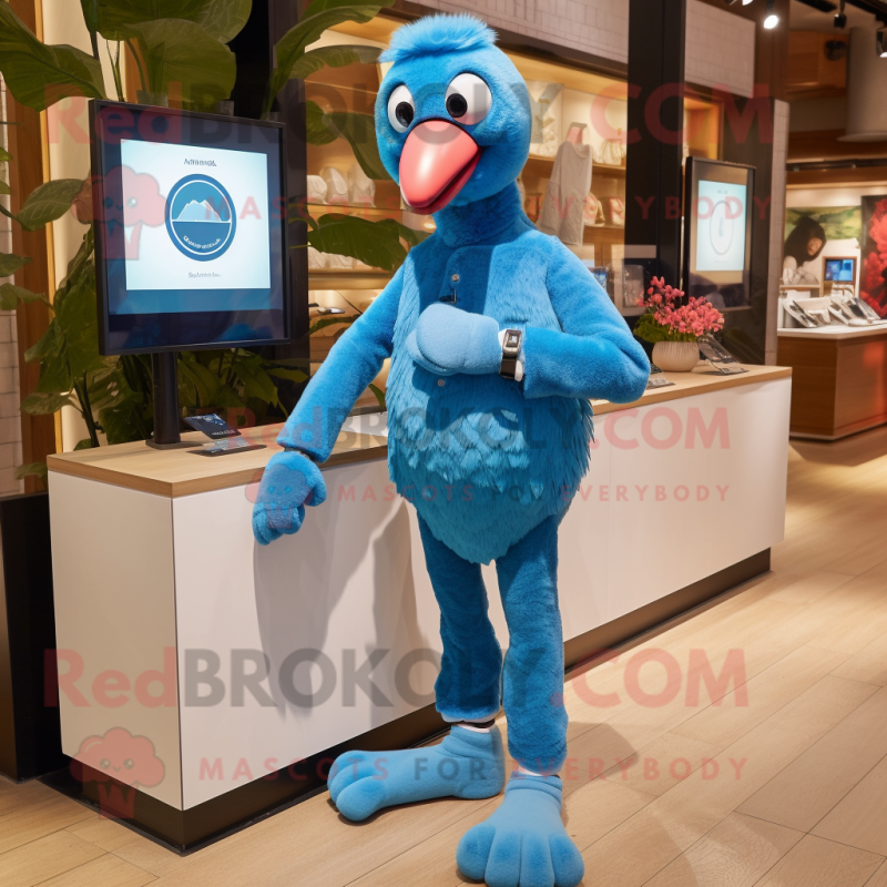 Blue Flamingo mascot costume character dressed with Henley Tee and Smartwatches