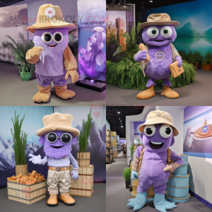 Lavender Fried Calamari mascot costume character dressed with Cargo Shorts and Hats