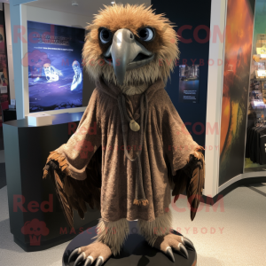 Brown Vulture mascot costume character dressed with Graphic Tee and Shawl pins