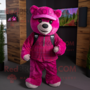 Magenta Teddy bear mascot costume character dressed with Flannel Shirt and Caps