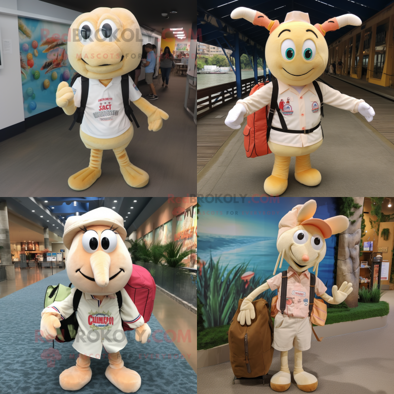 Cream Shrimp Scampi mascot costume character dressed with Button-Up Shirt and Backpacks