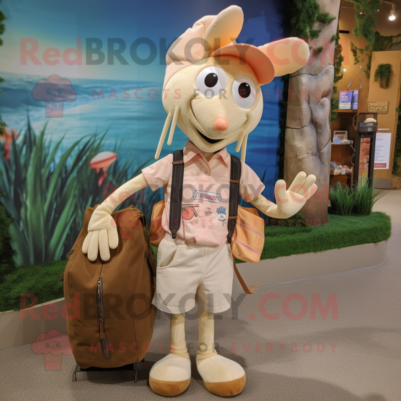 Cream Shrimp Scampi mascot costume character dressed with Button-Up Shirt and Backpacks