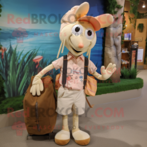 Cream Shrimp Scampi mascot costume character dressed with Button-Up Shirt and Backpacks