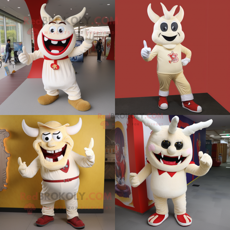 Cream Devil mascot costume character dressed with Bootcut Jeans and Shoe laces
