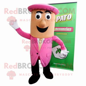 Pink Pesto Pasta mascot costume character dressed with Suit Pants and Pocket squares