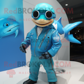 Cyan Tuna mascot costume character dressed with Moto Jacket and Keychains