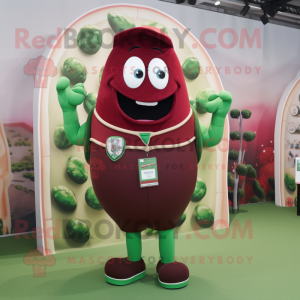 Maroon green bean mascot costume character dressed with Rugby Shirt and Necklaces