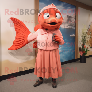 Rust Salmon mascot costume character dressed with Pencil Skirt and Shoe clips