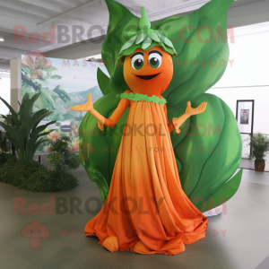 Orange Beanstalk mascot costume character dressed with Maxi Dress and Rings