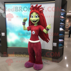 Maroon mermaid mascot costume character dressed with Yoga Pants and Bracelet watches