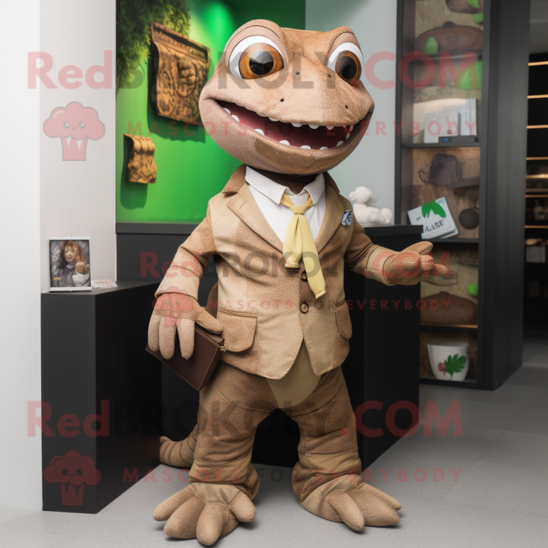 Brown geckos mascot costume character dressed with Suit Jacket and Wallets