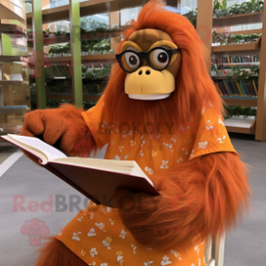 Orange Orangutan mascot costume character dressed with Maxi Dress and Reading glasses