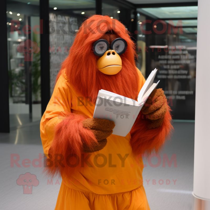Orange Orangutan mascot costume character dressed with Maxi Dress and Reading glasses