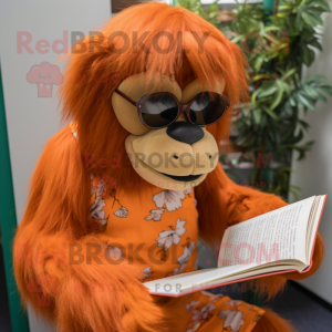 Orange Orangutan mascot costume character dressed with Maxi Dress and Reading glasses