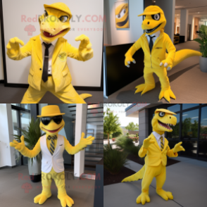 Lemon Yellow Utahraptor mascot costume character dressed with Suit Pants and Caps