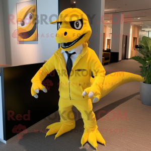 Lemon Yellow Utahraptor mascot costume character dressed with Suit Pants and Caps