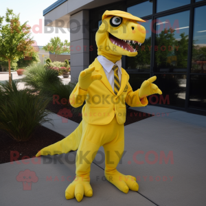 Lemon Yellow Utahraptor mascot costume character dressed with Suit Pants and Caps