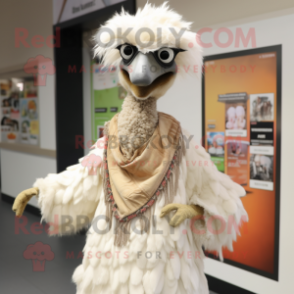 Cream Emu mascot costume character dressed with Maxi Dress and Headbands