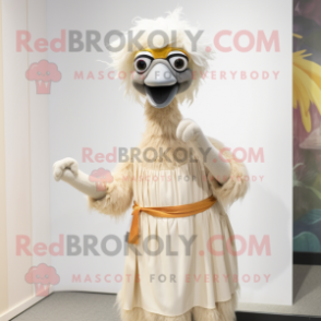 Cream Emu mascot costume character dressed with Maxi Dress and Headbands