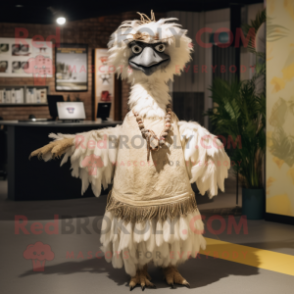 Cream Emu mascot costume character dressed with Maxi Dress and Headbands