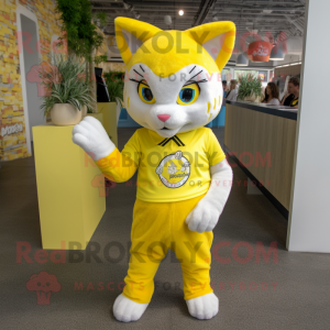 Lemon Yellow Bobcat mascot costume character dressed with Playsuit and Berets