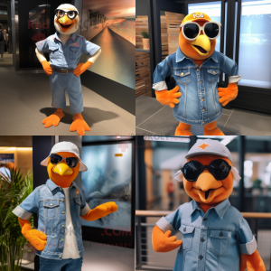 Orange Gull mascot costume character dressed with Denim Shirt and Sunglasses