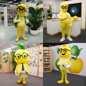 Lemon Yellow Apple mascot costume character dressed with Trousers and Reading glasses