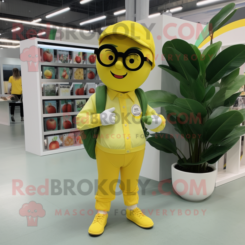 Lemon Yellow Apple mascot costume character dressed with Trousers and Reading glasses