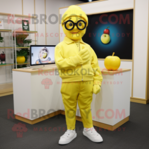 Lemon Yellow Apple mascot costume character dressed with Trousers and Reading glasses