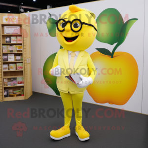 Lemon Yellow Apple mascot costume character dressed with Trousers and Reading glasses