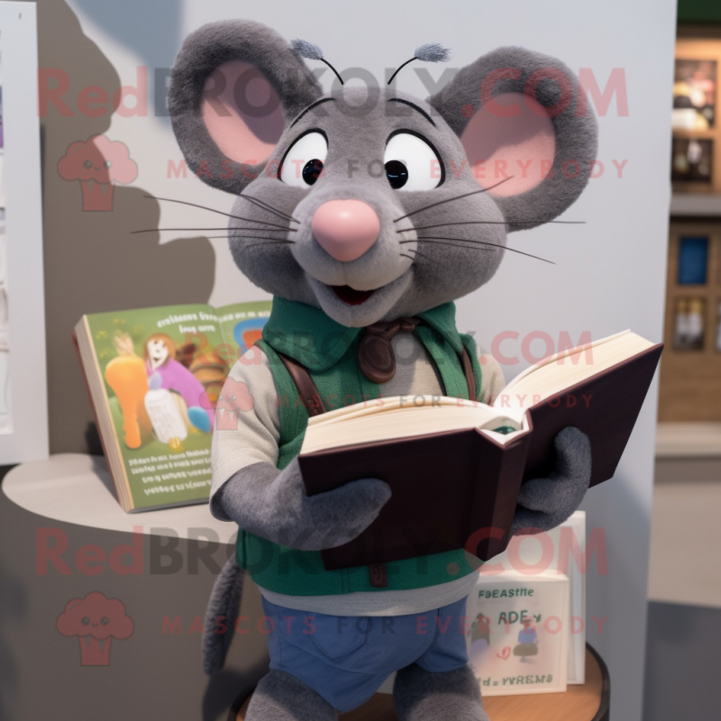 Gray Ratatouille mascot costume character dressed with Cardigan and Reading glasses