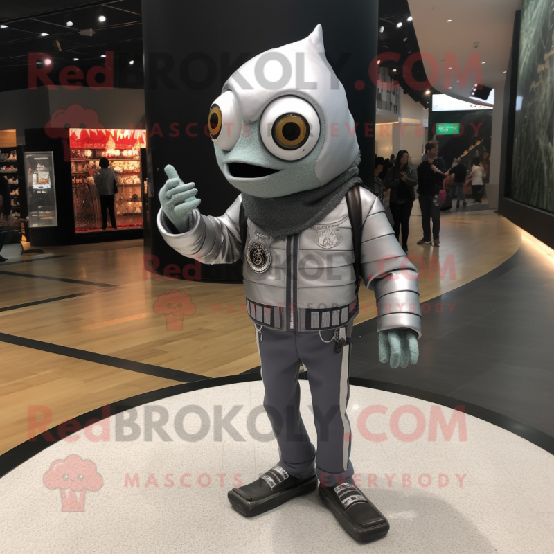 Silver Ceviche mascot costume character dressed with Moto Jacket and Necklaces