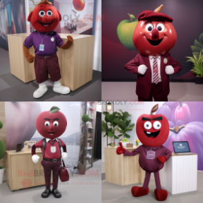 Maroon Apple mascot costume character dressed with Polo Shirt and Tie pins